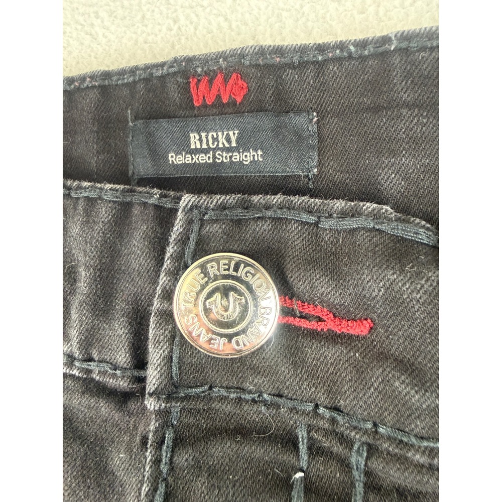 True Religion Ricky Relaxed Straight Jeans Mens 38 Black Red Contrast Stitching - Picture 10 of 11